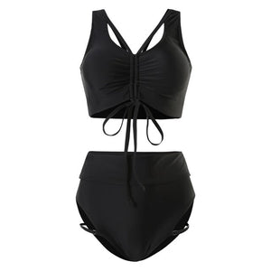 Korean Style High Waist Bikini Set Women Lace Up Biquini Suit Two Pieces Pleated Swimwear Solid Swimsuit Bandage Beach Suit 2022