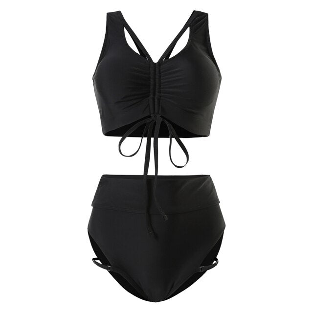 Korean Style High Waist Bikini Set Women Lace Up Biquini Suit Two Pieces Pleated Swimwear Solid Swimsuit Bandage Beach Suit 2022