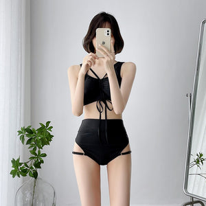 Korean Style High Waist Bikini Set Women Lace Up Biquini Suit Two Pieces Pleated Swimwear Solid Swimsuit Bandage Beach Suit 2022