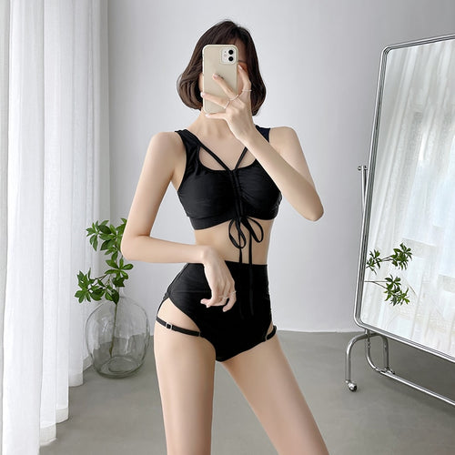 Korean Style High Waist Bikini Set Women Lace Up Biquini Suit Two Pieces Pleated Swimwear Solid Swimsuit Bandage Beach Suit 2022