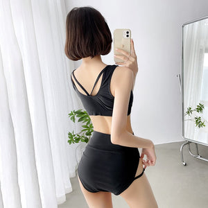 Korean Style High Waist Bikini Set Women Lace Up Biquini Suit Two Pieces Pleated Swimwear Solid Swimsuit Bandage Beach Suit 2022