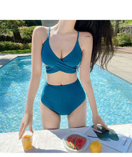 Load image into Gallery viewer, Korean Style Mid Waist Bikini Set Women Biquini Suit Two Pieces Swimwear Solid Swimsuit Cross Bandage Beach Suit 2022 bikinis