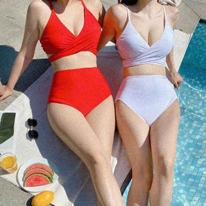 Korean Style Mid Waist Bikini Set Women Biquini Suit Two Pieces Swimwear Solid Swimsuit Cross Bandage Beach Suit 2022 bikinis