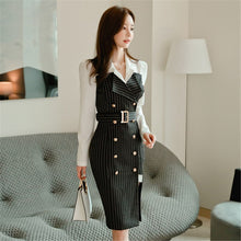 Load image into Gallery viewer, Korean Style Office Lady Slim Notched Collar Long Sleeve Dress Women Patchwork Double Breasted Striped Dress 2020 Autumn New