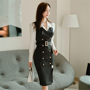 Korean Style Office Lady Slim Notched Collar Long Sleeve Dress Women Patchwork Double Breasted Striped Dress 2020 Autumn New