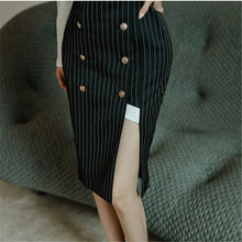 Load image into Gallery viewer, Korean Style Office Lady Slim Notched Collar Long Sleeve Dress Women Patchwork Double Breasted Striped Dress 2020 Autumn New