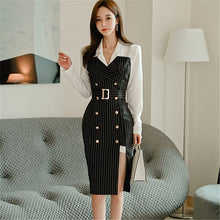 Load image into Gallery viewer, Korean Style Office Lady Slim Notched Collar Long Sleeve Dress Women Patchwork Double Breasted Striped Dress 2020 Autumn New