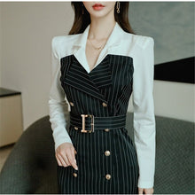 Load image into Gallery viewer, Korean Style Office Lady Slim Notched Collar Long Sleeve Dress Women Patchwork Double Breasted Striped Dress 2020 Autumn New