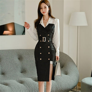 Korean Style Office Lady Slim Notched Collar Long Sleeve Dress Women Patchwork Double Breasted Striped Dress 2020 Autumn New