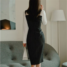 Load image into Gallery viewer, Korean Style Office Lady Slim Notched Collar Long Sleeve Dress Women Patchwork Double Breasted Striped Dress 2020 Autumn New