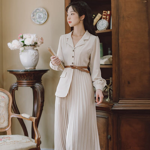 Korean Style Simple Fashion OL Dresses Office Lady Fall Suit Stitching Pleated Dress Fake Two Pieces Vestidos de mujer casual