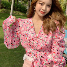 Load image into Gallery viewer, Korean Style Spring Blouse Women Pink Flower Puff Sleeve Top Ladies Elegant Peter Pan Collar Lace Up Bow Chic Blouse 2021 New
