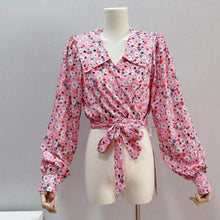 Load image into Gallery viewer, Korean Style Spring Blouse Women Pink Flower Puff Sleeve Top Ladies Elegant Peter Pan Collar Lace Up Bow Chic Blouse 2021 New