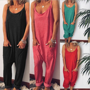 Korean Style Summer Casual Loose Baggy Strap Jumpsuit Sexy Sleeveless Pocket Women Rompers Fashion Harem Pants Playsuit Overalls