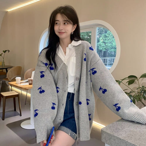 Korean Style Vintage Sweet Cherry Print Knit Cardigans Women V Neck Long Sleeve Loose Casual Sweater Coat Autumn Winter New Tops