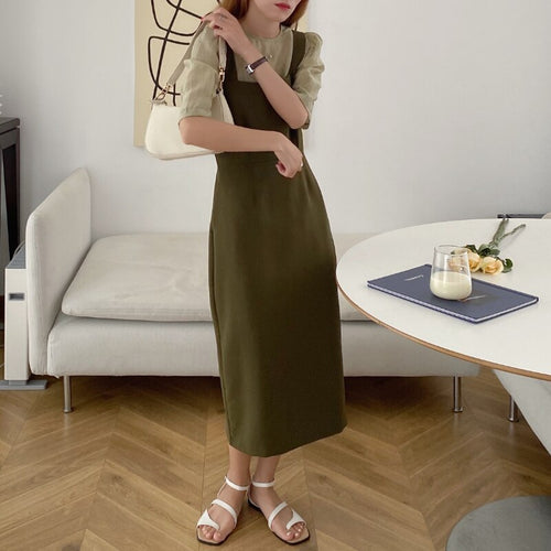 Korean Style Vintage Two Piece Set Women Outfits Short Sleeve Thin Blouses and Spaghetti Strap Long Dress 2 Piece Sets Elegant