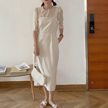 Load image into Gallery viewer, Korean Style Vintage Two Piece Set Women Outfits Short Sleeve Thin Blouses and Spaghetti Strap Long Dress 2 Piece Sets Elegant