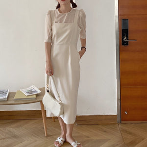 Korean Style Vintage Two Piece Set Women Outfits Short Sleeve Thin Blouses and Spaghetti Strap Long Dress 2 Piece Sets Elegant