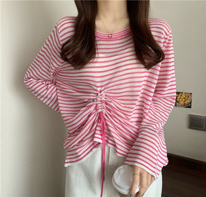 Korean Style Western T-shirt Ins Lazy Knitted Stripes Tops Harajuku T Shirt Women Summer Tee Big Size Japan Young Fashion Girl