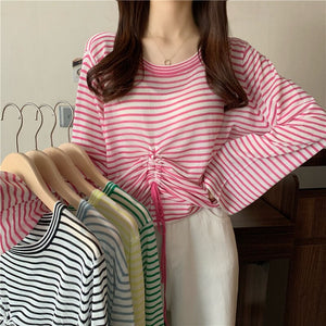 Korean Style Western T-shirt Ins Lazy Knitted Stripes Tops Harajuku T Shirt Women Summer Tee Big Size Japan Young Fashion Girl