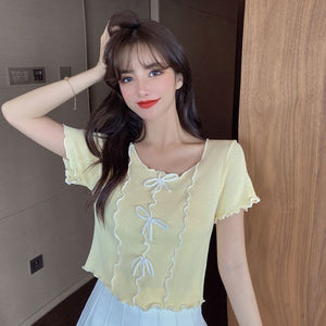 Korean Summer Fashion All-match Blouse Bowknot Design Knit Sweater + High Waist Pleated Skirt Suits Women Skirt Two Piece Set