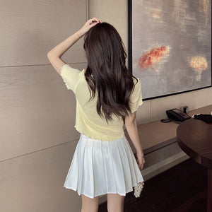 Korean Summer Fashion All-match Blouse Bowknot Design Knit Sweater + High Waist Pleated Skirt Suits Women Skirt Two Piece Set