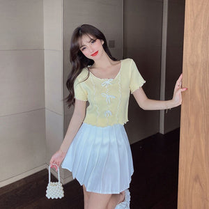 Korean Summer Fashion All-match Blouse Bowknot Design Knit Sweater + High Waist Pleated Skirt Suits Women Skirt Two Piece Set