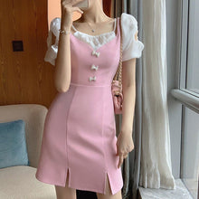 Load image into Gallery viewer, Korean Sweet Sexy Split Mini Dress Women French Fit Chic Patchwork Pink Chiffon Dress Casual Bow Short Sleeve Dress Summer 2021