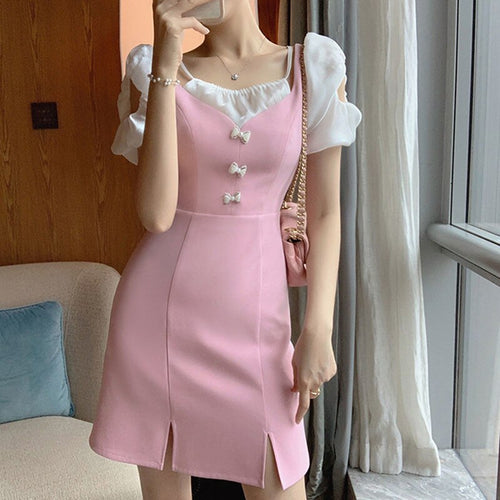 Korean Sweet Sexy Split Mini Dress Women French Fit Chic Patchwork Pink Chiffon Dress Casual Bow Short Sleeve Dress Summer 2021
