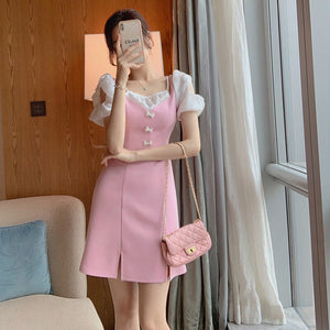 Korean Sweet Sexy Split Mini Dress Women French Fit Chic Patchwork Pink Chiffon Dress Casual Bow Short Sleeve Dress Summer 2021