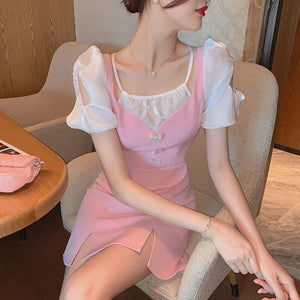 Korean Sweet Sexy Split Mini Dress Women French Fit Chic Patchwork Pink Chiffon Dress Casual Bow Short Sleeve Dress Summer 2021
