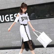 Load image into Gallery viewer, Korean Version Two Pieces Set  Letter Print Crop Top High Waist Mini Mesh Skirt Sweet Elegant Set