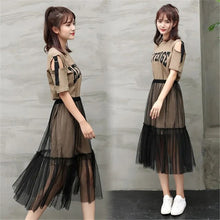 Load image into Gallery viewer, Korean Version Two Pieces Set  Letter Print Crop Top High Waist Mini Mesh Skirt Sweet Elegant Set