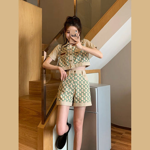 Korean Version of High Waist Shorts Children's 2021 Summer New Western Style Retro Slim Top Two-piece Women's Suit