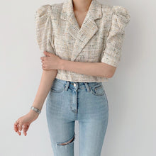 Load image into Gallery viewer, Korean Vintage Tweed Tops 2021 Summer Elegant Notched Collar Ladies Puff Sleeve Short Chic Jackets Coat