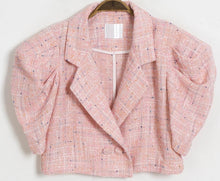 Load image into Gallery viewer, Korean Vintage Tweed Tops 2021 Summer Elegant Notched Collar Ladies Puff Sleeve Short Chic Jackets Coat