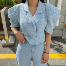 Load image into Gallery viewer, Korean Vintage Tweed Tops 2021 Summer Elegant Notched Collar Ladies Puff Sleeve Short Chic Jackets Coat