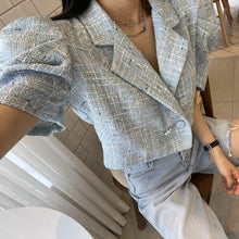 Load image into Gallery viewer, Korean Vintage Tweed Tops 2021 Summer Elegant Notched Collar Ladies Puff Sleeve Short Chic Jackets Coat