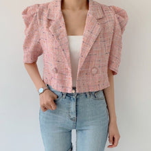 Load image into Gallery viewer, Korean Vintage Tweed Tops 2021 Summer Elegant Notched Collar Ladies Puff Sleeve Short Chic Jackets Coat