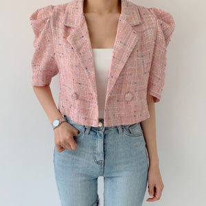 Korean Vintage Tweed Tops 2021 Summer Elegant Notched Collar Ladies Puff Sleeve Short Chic Jackets Coat