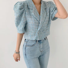 Load image into Gallery viewer, Korean Vintage Tweed Tops 2021 Summer Elegant Notched Collar Ladies Puff Sleeve Short Chic Jackets Coat