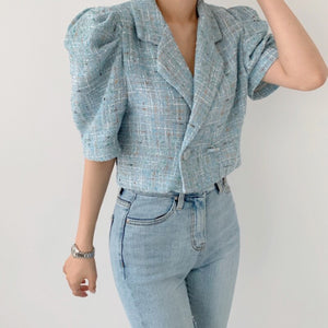 Korean Vintage Tweed Tops 2021 Summer Elegant Notched Collar Ladies Puff Sleeve Short Chic Jackets Coat
