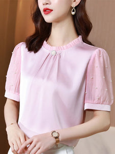 Korean Women's Shirt Chiffon Blouse for Women Embroidered Flores Shirt Pink Stand Neck Blouse Top Female 2021 Woman Basic Shirts