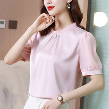 Load image into Gallery viewer, Korean Women&#39;s Shirt Chiffon Blouse for Women Embroidered Flores Shirt Pink Stand Neck Blouse Top Female 2021 Woman Basic Shirts