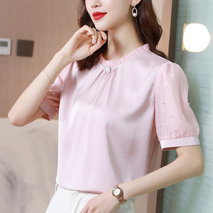 Korean Women's Shirt Chiffon Blouse for Women Embroidered Flores Shirt Pink Stand Neck Blouse Top Female 2021 Woman Basic Shirts
