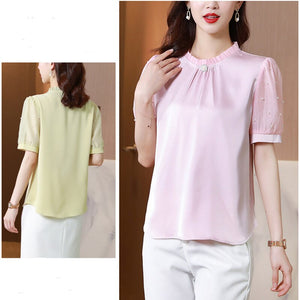 Korean Women's Shirt Chiffon Blouse for Women Embroidered Flores Shirt Pink Stand Neck Blouse Top Female 2021 Woman Basic Shirts