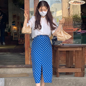 Korejpaa Women Set 2021 Summer Korean Chic Small All-Match Lapel Loose Puff Sleeve Shirt High Waist Polka Dot Split Hip Skirts