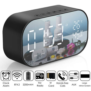 LED Alarm Clock with FM Radio Wireless Bluetooth Speaker Mirror Display Support Aux TF USB Music Player Wireless for Office Home