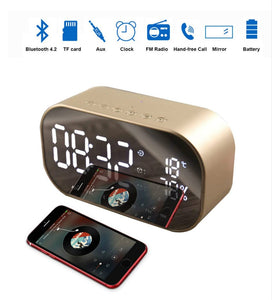 LED Alarm Clock with FM Radio Wireless Bluetooth Speaker Mirror Display Support Aux TF USB Music Player Wireless for Office Home