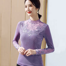 Load image into Gallery viewer, Lace Bottoming Shirt Women Spring Long-sleeved High-neck Thin Mesh Top Elegant Slim Hot Drilling Plus Size Women T-Shirt